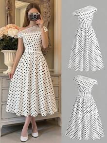 SHEIN Gaun Musim Panas Elegan untuk Remaja Perempuan dengan Motif Polkadot dan Patchwork Renda, Kerah Asimetris - Hitam dan Putih - View 9