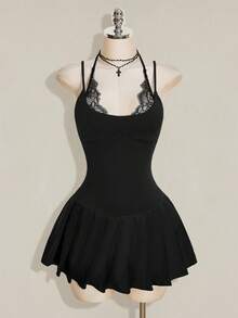 SHEIN ICON Y2K 女款黑色蕾絲拼接性感迷你洋裝，適合約會與外出穿搭 - 黑色 - 查看 6