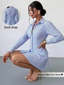 Firerie Damen Blau gestreiftes Farbblock einreihiges Kleid mit geraffter Taille, elegant, tropisch, für Büro, Brunch, Herbst - Blau - Übersicht 4