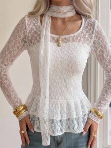 FRIFUL Women's Spring/Summer Solid Color Sheer Lace Long Sleeve Layering Slim Fit Casual Versatile Top - White - View 4