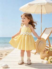 Souflis Souflis Baby Girls Cute Gingham Pinafore Dress With Applique Decor - Yellow - View 8