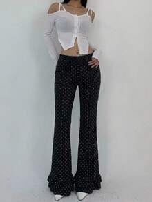 FRIFUL بنطلون كاجوال للنساء بطبعة نقاط وكشكشة على الحافة - الأسود - مشاهدة 4