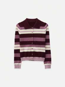 Nöista Stripe Knit Cardigan In Burgundy, Lilac And Cream Tones With Collar And Button Front. Perfect For Office Wear, Layering And Day-To-Night - Purple - View 8