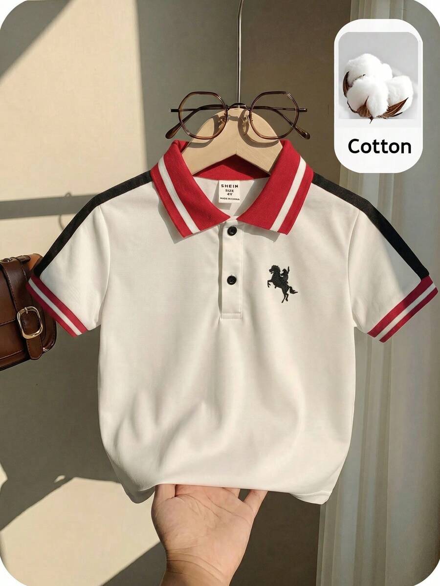 SHEIN 兒童小男孩休閒舒適百搭英文圖案印花對比袖 Polo 領短袖上衣 - 白色 - 查看 1