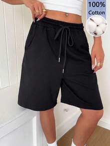 SHEIN EZwear 黑色針織女款抽繩腰口袋休閒寬鬆短褲 - 黑色 - 查看 7