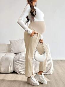 SHEIN 可調腰圍休閒百搭日常穿著孕婦長褲 秋季 - 卡其色 - 查看 4