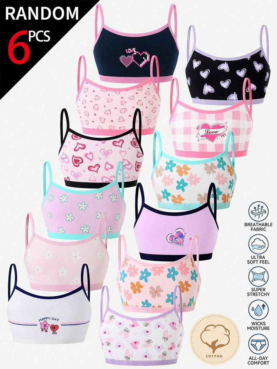 SHEIN 【6件隨機款】大女孩青少年內衣,粉色與白色,冬季,可愛,校園,開學季,愛心花卉圖案 - 彩色 - 查看 1