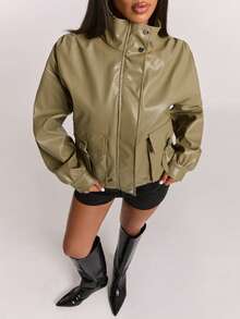 SHEIN BAE Women Olive Green Faux Leather Jacket, Stand Collar Oversized Moto Biker Coat With Utility Pockets, Casual Streetwear For Fall Winter Daily Wear - Mustard Yellow - View 7