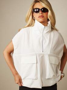 MISSGUIDED Sleeveless Half-Zip Funnel Neck Woven Top With Cargo Pockets Oversized Boxy Fit Spring Summer - White - View 1