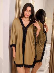 SHEIN 女款對比蕾絲深V領寬鬆性感睡裙 - 棕色 - 查看 3