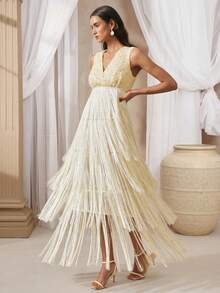 VOLUPTÉ CURVE Women's Spring/Summer Cream White Maxi Dress Sequin V-Neck Sleeveless Fringe Gown, Elegant Party Dinner Wedding Date Guest - Beige - View 4