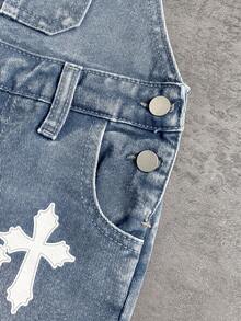 SHEIN Kids Boys' Black Denim Loose Fit Cross Pattern Overalls Shorts - Light Wash - View 5