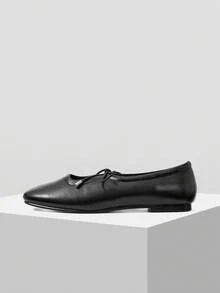 Mnmlis Women Shoes Spring Summer Elastic Rope Round Toe Flat Heel Flat Bottom Ballet Soft Leather Low Vamp Shoes Commuter Daily Fall Shoes - Black - View 4