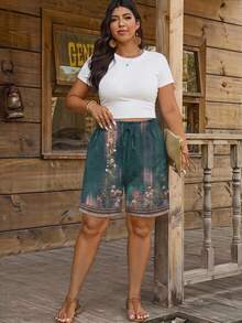 Comfylo Casual Minimalist Green Floral Print Plus Size Pants, Suitable For Spring, Summer And Autumn - Multicolor - View 4