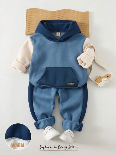 Cozy Pixies 2pcs/Set Young Boy Decorative Woven Label Contrast Color Knit Soft Hooded Long Sleeve Pullover Sweatshirt Elastic Waist Long Pants Fleece Lined Brushed Thick Style Suitable For Winter