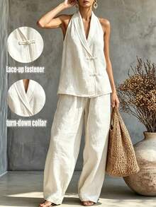 SHEIN Holidaya Autumn New Arrival: New Chinese Style Pants Two Pieces Set, Halter Neck Asymmetric Placket Top, Frog Button Top And Bottom Set, Loose Fit Set, Elegant Women's Set, Women's Casual Shirt, Women's Vacation Outfit, Women's Commute Outfit, White Top - Apricot - View 1