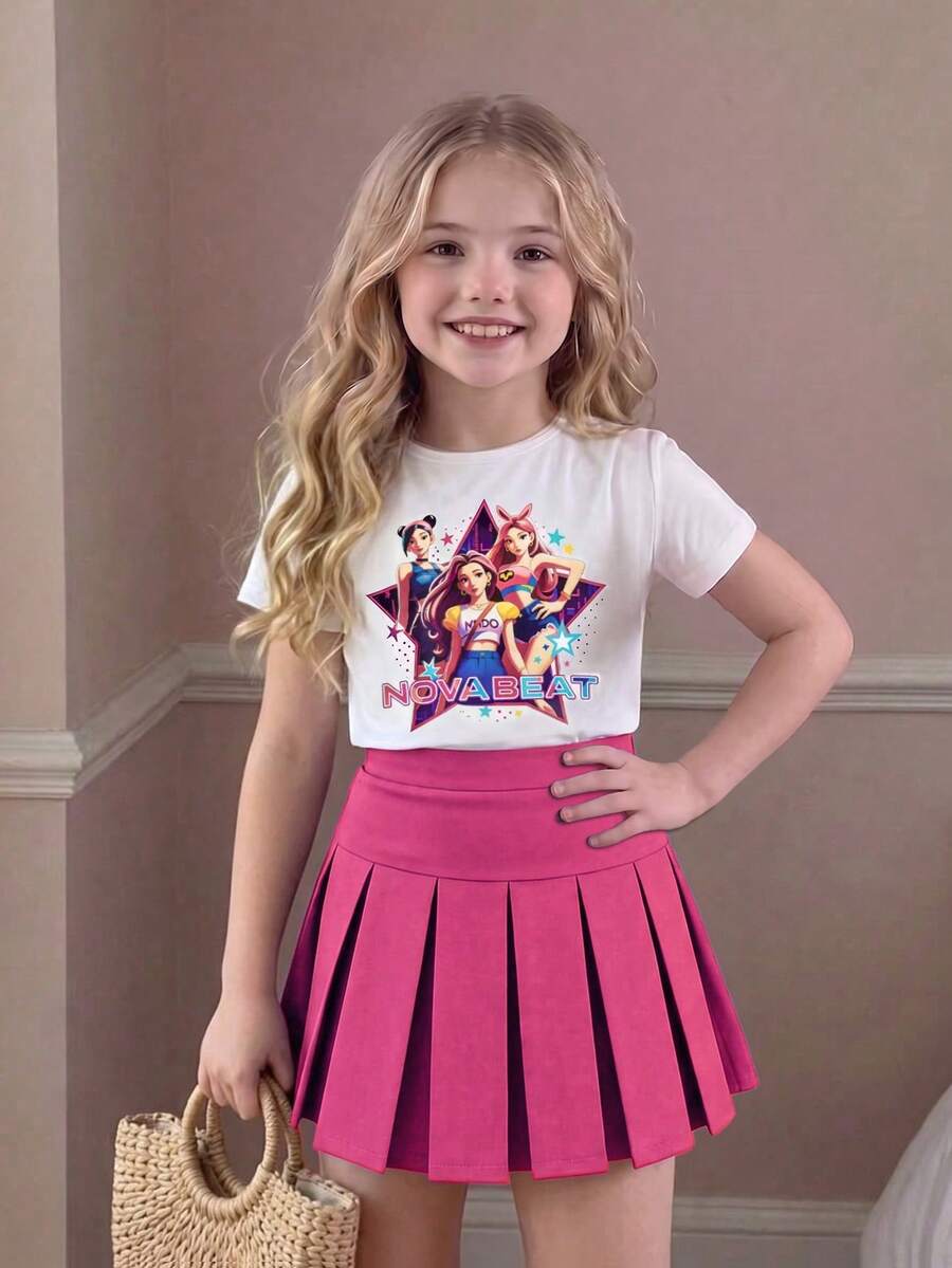 SHEIN Sparklyn 女童幼兒休閒日常短袖舞團風紫色圖案米白色T恤粉色百褶裙學院風夏季套裝 - 玫紅色 - 查看 1