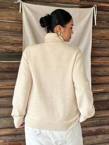 Dazy Plus Solid Color Casual Loose High Neck Versatile Autumn/Winter Long Sleeve Apricot Pullover Sweater - Apricot - View 2