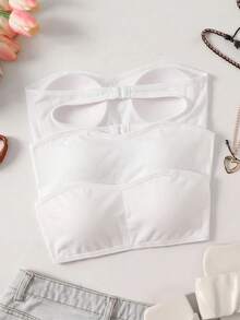 SHEIN 青少年女孩黑色羅紋時尚極簡舒適抹胸上衣 - 白色 - 查看 2