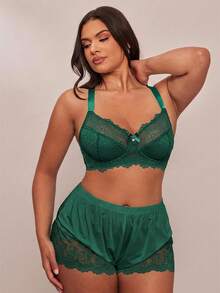 SHEIN BAE CURVE 1件加大码蕾丝拼接钢圈文胸，圣诞节 - 綠色 - 查看 4