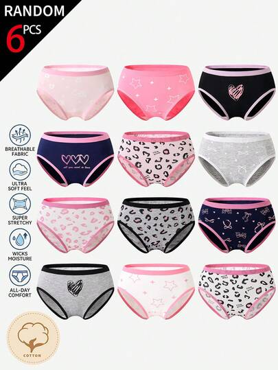 [6 Sets Random]Tween Girls Cotton Panties, Soft All-Season Basic Briefs With Leopard Bow Print And Contrast Waistband