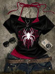 Attitoon Women's Casual Retro Colorblock 2 In 1 Spider Graphic V-Neck Halter Tie Short Sleeve T-Shirt, Suitable For Summer - Black - View 4