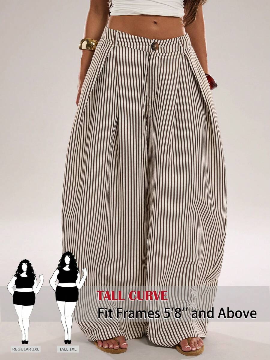 SHEIN Tall CURVE Plus Size Fashion Commuter Striped Curved Leg Pants Fall - Brown - View 1