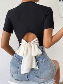 SHEIN Tie Back Rib Knit Top - Black - View 6
