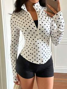 SHEIN EZwear 女款白色波點長袖前拉鍊修身夾克 - 杏色 - 查看 7