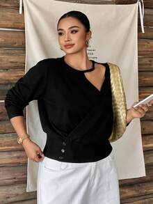 Dazy Plus Solid Color Asymmetric Neckline Hollow-Out Waist-Cinching Short Long Sleeve Black Autumn/Winter New Pullover Sweater - Black - View 4