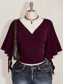 SHEIN ICON Plus Size Women Solid Color V-Neck Pleated Casual Versatile Daily Wear T-Shirt - Maroon - View 1