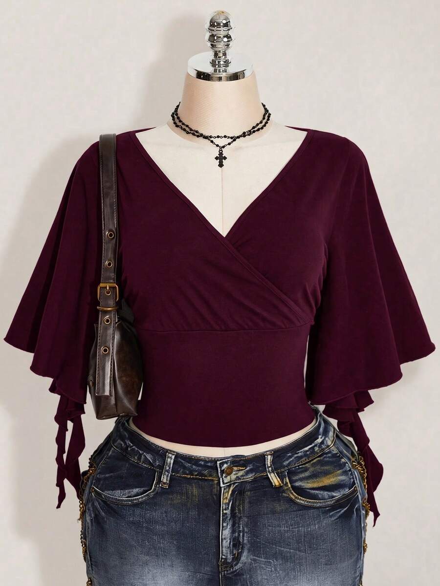 SHEIN ICON Plus Size Women Solid Color V-Neck Pleated Casual Versatile Daily Wear T-Shirt - Maroon - View 1