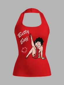 Betty Boop x SHEIN SHEIN EZwear 女款修身掛脖背心，卡通印花圖案，適合夏季 - 紅色 - 查看 6