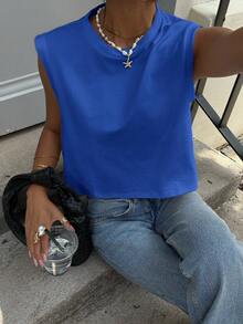 Siren Gaze Solid Color Wide Shoulder Casual Cropped Tank Top - Royal Blue - View 5