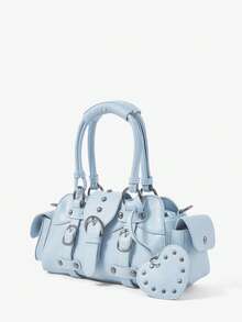 Viva Strut Ladies Fashionable Personalized Street Sweet Cool Babes Y2K Style Heart Pendant Vintage Locomotive Handbag, Light Blue Fauxn Leather - Sky Blue - View 1