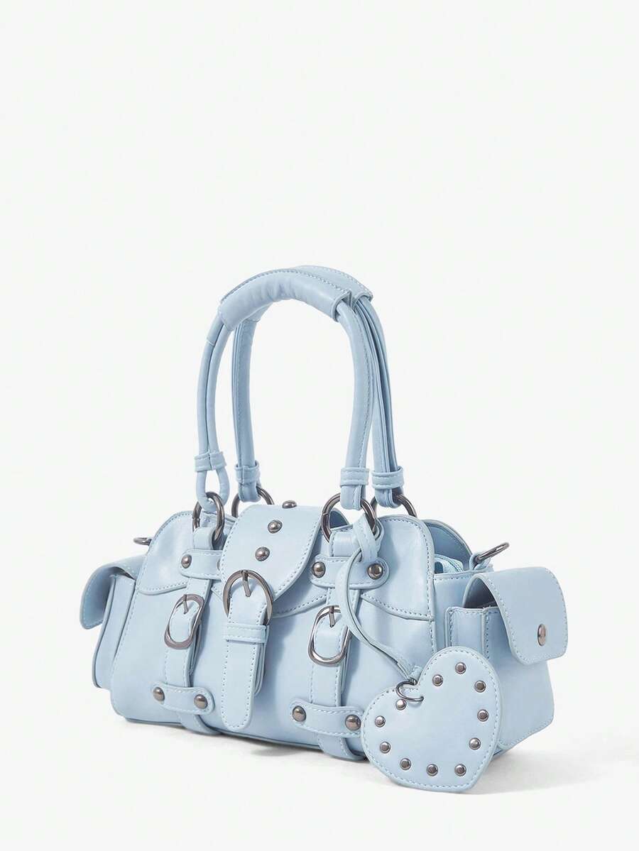 Viva Strut Ladies Fashionable Personalized Street Sweet Cool Babes Y2K Style Heart Pendant Vintage Locomotive Handbag, Light Blue Fauxn Leather - Sky Blue - View 1