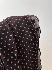 SHEIN EZwear 女款春夏秋棕色與藍色波點印花雪紡中領掛脖綁帶露背荷葉邊層次感上衣，優雅通勤辦公室復古休閒購物約會日常出遊百搭 - 棕色 - 查看 7