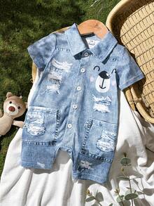 SHEIN Vintaside Kids 嬰兒男童卡通圖案牛仔效果短袖連體褲 - 藍色 - 查看 8
