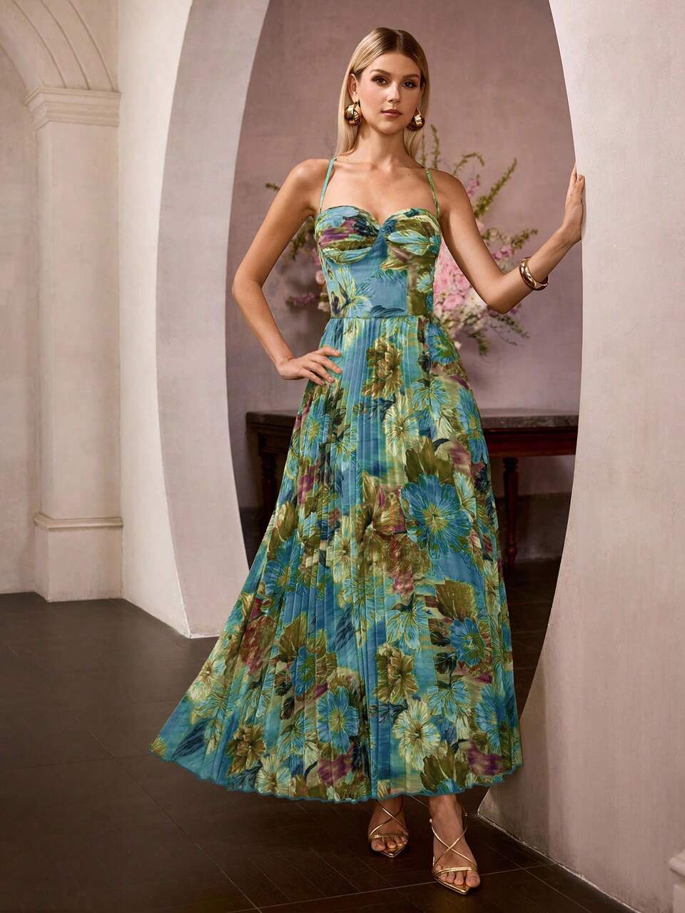 MOTF ELEGANT WOMEN'S SPAGHETTI STRAP MAXI PARTY GOWN WITH RANDOM FLORAL PRINT PLEATED FABRIC, CHEST RUCHED DETAILING