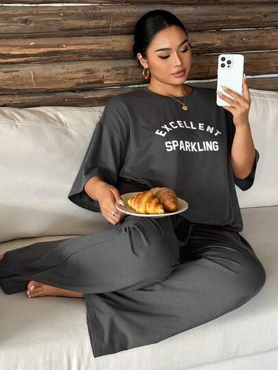 Dazy Plus Letter Print Loose Short Sleeve Casual Pants 2-Piece Set Spring Summer Autumn Grey Pajama Set