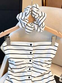 SHEIN Franclia Atasan Tube Wanita Motif Garis-Garis Warna Blok Kasual Serbaguna untuk Pemakaian Sehari-hari - Hitam dan Putih - View 5