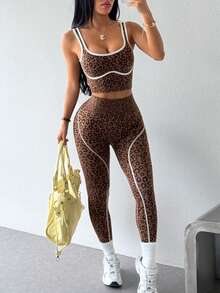 Dewbera Dewbera 2 Potong Set Olahraga, Atasan Tank Top Yoga Fitness Ketat Tanpa Jahitan, Legging Lari Olahraga Blok Warna Pinggang Tinggi - Coklat - View 7