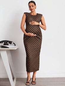 MaterniWear Maternity Brown Print Round Neck Slim Fit Elegant 1920 Vintage Casual Dress Photoshoot Formal Summer - Brown - View 5