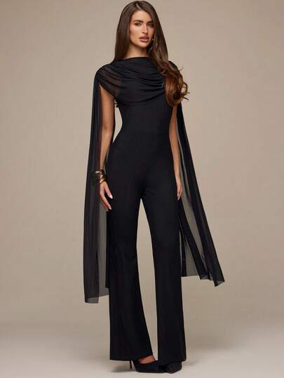SHEIN BAE Women's Black Ribbon Fitted Flare Leg Jumpsuit