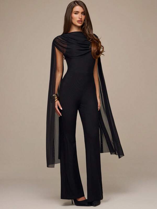 SHEIN BAE Black Sheer Cape Overlay Jumpsuit,Elegant Jumpsuit,Evening, Halloween, Party, Fall, Formal