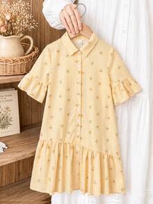Vintaside Kids Playful Preppy Style Shirt Dress, Striped With 3D Glitter Print, Exquisite And Eye-Catching. Collared Design + Single-Breasted, Combining The Crispness Of A Shirt And The Femininity Of A Dress; Ruffle Cuffs And Hem Add Fluidity, Loose Fit Comfortable For All Body Types, Perfect For Daily School And Weekend Outings. - Yellow - View 5