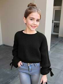 SHEIN 少女女孩純色圓領休閒日常長袖秋冬毛衣 - 黑色 - 查看 2