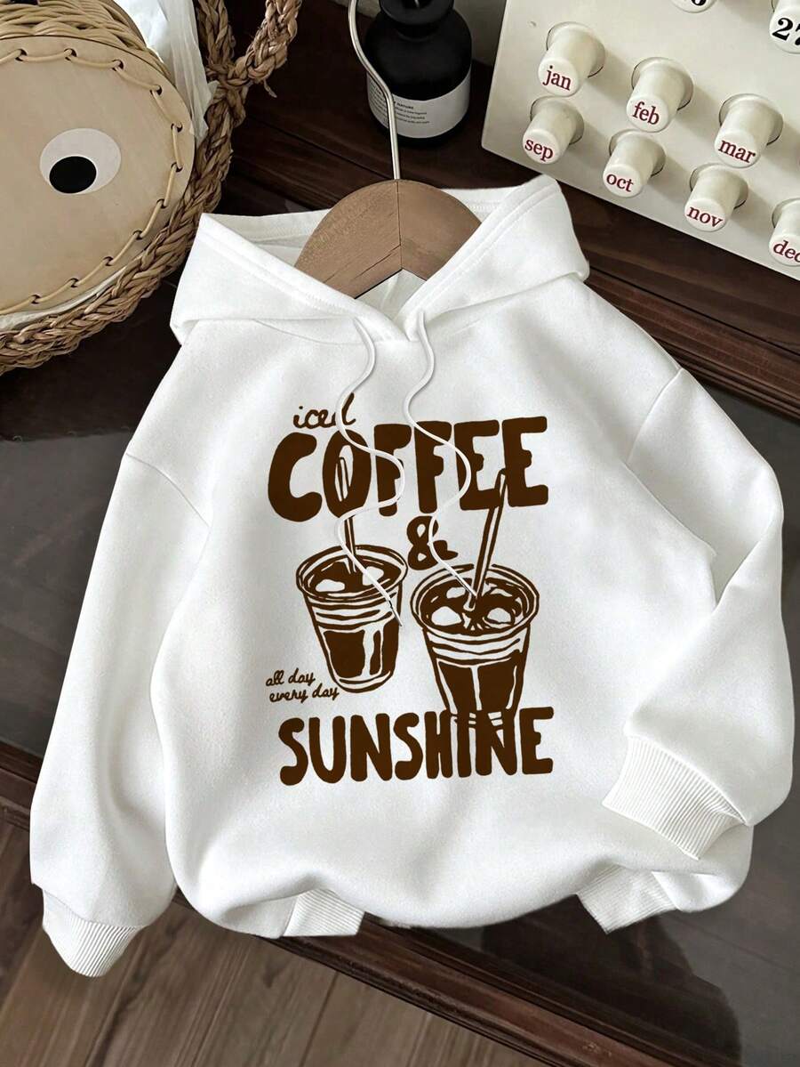 SHEIN EZwear 休閒極簡風棕色與白色波點標語插圖印花連帽長袖寬鬆女款厚款衛衣，適合秋季日常穿搭 - 白色 - 查看 1