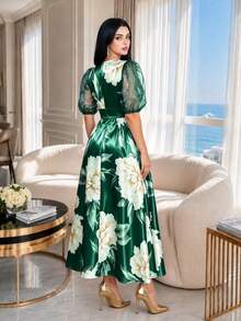 SHEIN Lady CURVE Plus Size Round Neck Raglan Petal Sleeve Summer Elegant Floral Print Dress Olive Green Birthday Evening Wedding Evening Evening Bride Vacation - Green - View 2