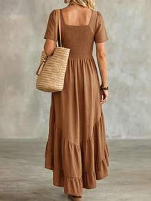 LanaWest Women's Solid Color Pleated Casual Daily Summer Dress - Chocolate Brown - View 2